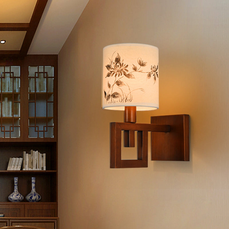 Rynx | 1 Light Cylinder Wall Lighting Fixture Rustic White Fabric Wall Lamp with Floral Pattern for Office Room
