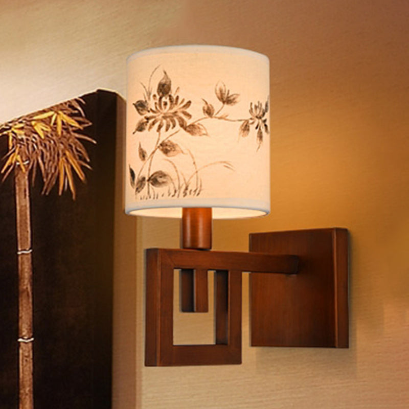 Rynx | 1 Light Cylinder Wall Lighting Fixture Rustic White Fabric Wall Lamp with Floral Pattern for Office Room