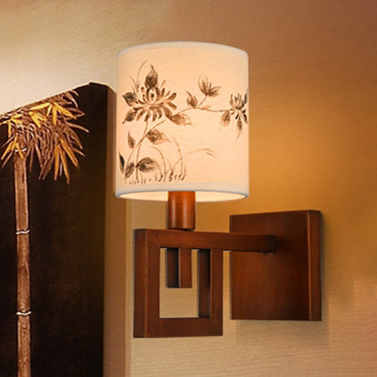Rynx | 1 Light Cylinder Wall Lighting Fixture Rustic White Fabric Wall Lamp with Floral Pattern for Office Room