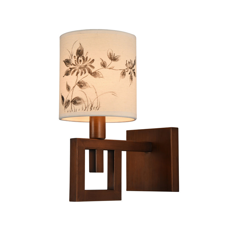 Rynx | 1 Light Cylinder Wall Lighting Fixture Rustic White Fabric Wall Lamp with Floral Pattern for Office Room
