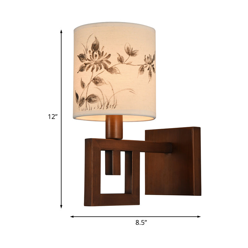 Rynx | 1 Light Cylinder Wall Lighting Fixture Rustic White Fabric Wall Lamp with Floral Pattern for Office Room