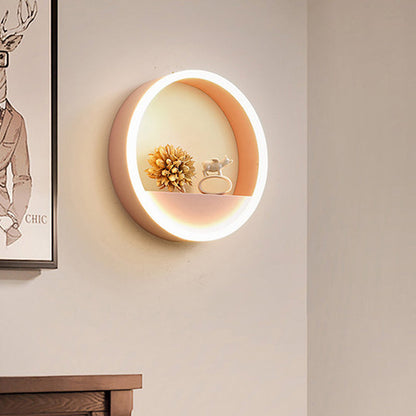 Rynx | Iron Ring Flush Mount Wall Light Macaron Pink/Blue 12"/16" Wide LED Wall Lamp in Warm/White Light with Shelf Function