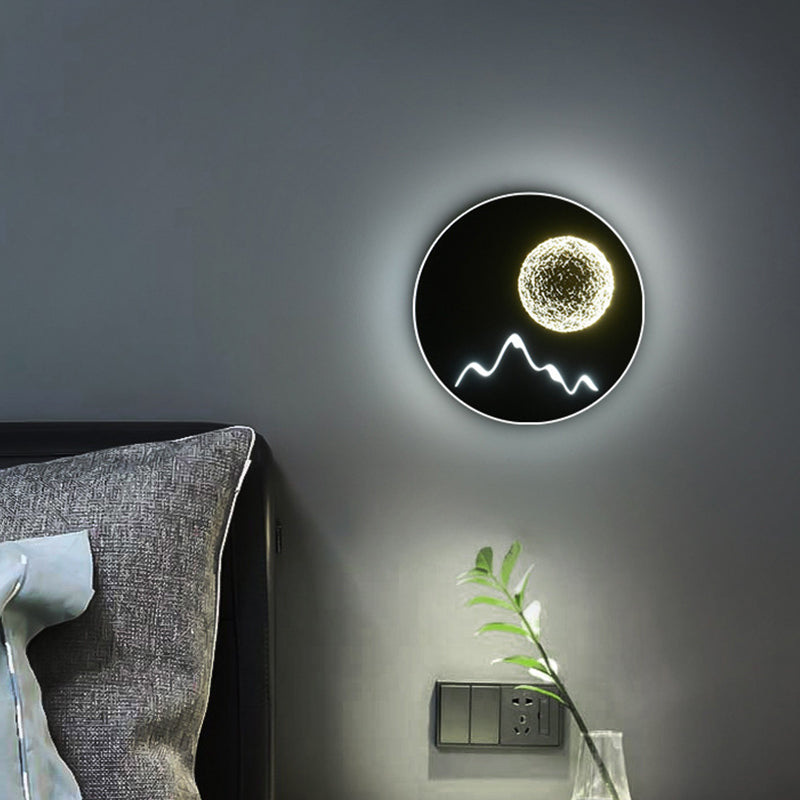 Rynx | Mini Round/Rectangle Slim LED Ceiling Light Nordic Metal Bedroom Wall Lamp Sconces in Black/White/Grey with Full Moon Mountain Pattern