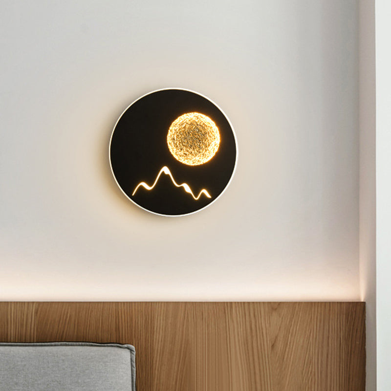 Rynx | Mini Round/Rectangle Slim LED Ceiling Light Nordic Metal Bedroom Wall Lamp Sconces in Black/White/Grey with Full Moon Mountain Pattern