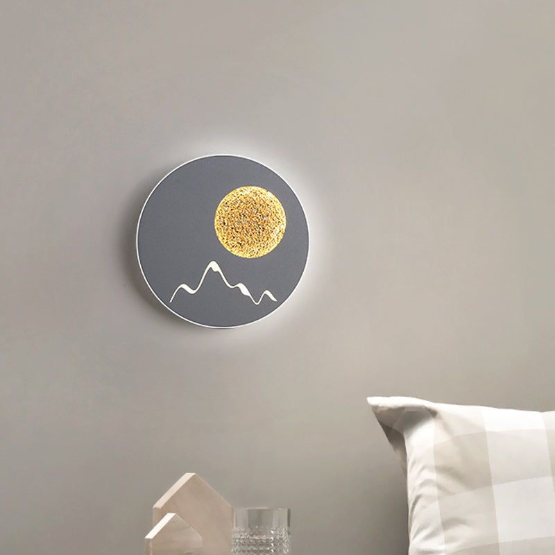 Rynx | Mini Round/Rectangle Slim LED Ceiling Light Nordic Metal Bedroom Wall Lamp Sconces in Black/White/Grey with Full Moon Mountain Pattern
