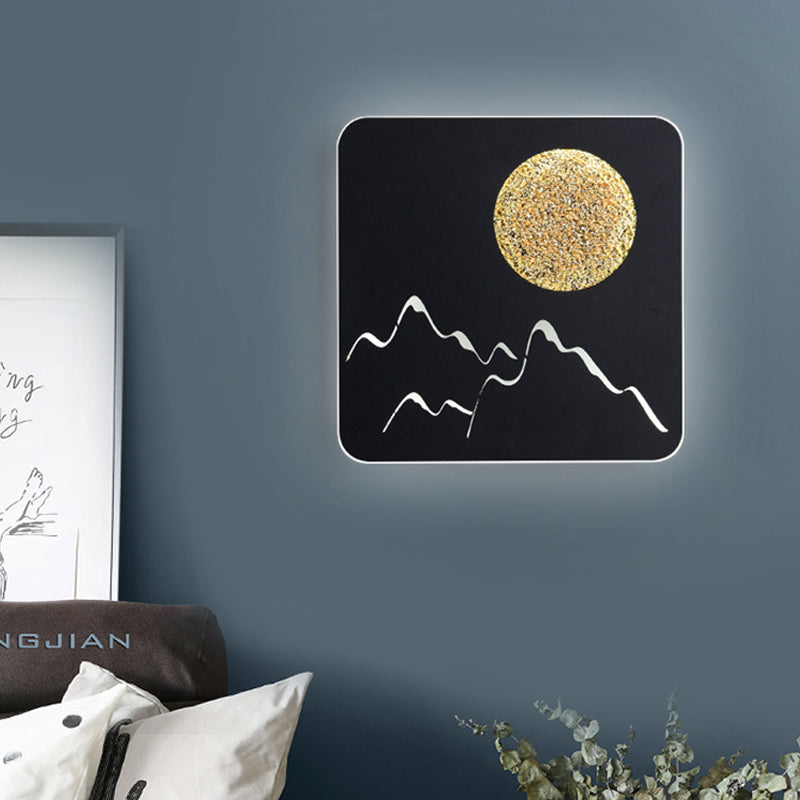 Rynx | Mini Round/Rectangle Slim LED Ceiling Light Nordic Metal Bedroom Wall Lamp Sconces in Black/White/Grey with Full Moon Mountain Pattern