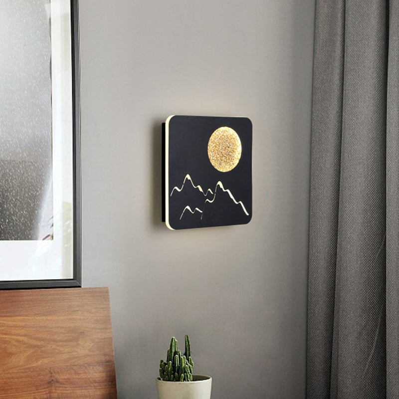 Rynx | Mini Round/Rectangle Slim LED Ceiling Light Nordic Metal Bedroom Wall Lamp Sconces in Black/White/Grey with Full Moon Mountain Pattern