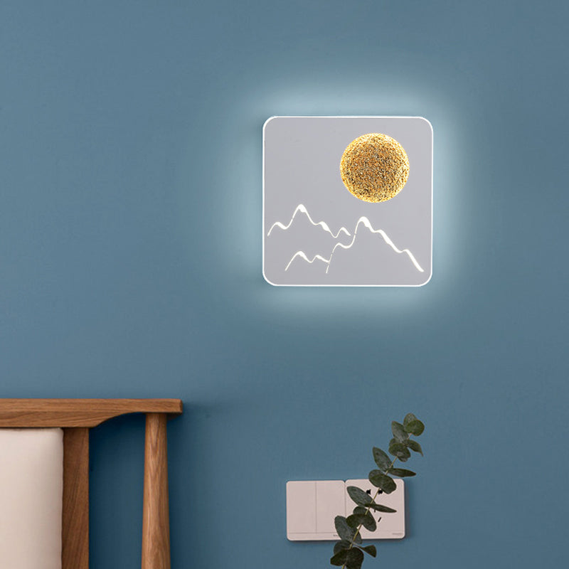 Rynx | Mini Round/Rectangle Slim LED Ceiling Light Nordic Metal Bedroom Wall Lamp Sconces in Black/White/Grey with Full Moon Mountain Pattern