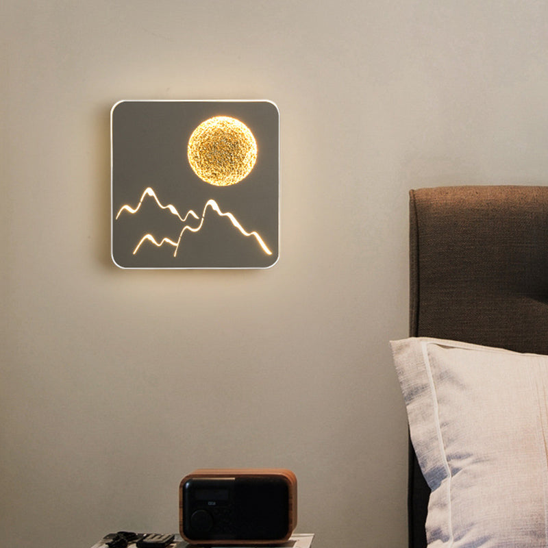 Rynx | Mini Round/Rectangle Slim LED Ceiling Light Nordic Metal Bedroom Wall Lamp Sconces in Black/White/Grey with Full Moon Mountain Pattern