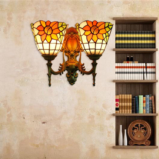 Rynx | Sunflower Wall Mount Light Lodge Style Stained Glass 2 Heads Wall Lighting for Bedroom
