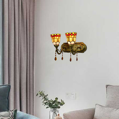 Rynx | Art Glass Bowl Wall Lamp with Agate 2-Bulb Tiffany Vintage Wall Lamp in Beige/Brown/Blue/Blue-White for Dining Room