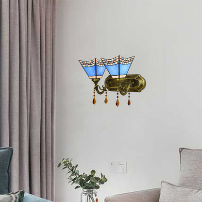 Rynx | Art Glass Bowl Wall Lamp with Agate 2-Bulb Tiffany Vintage Wall Lamp in Beige/Brown/Blue/Blue-White for Dining Room