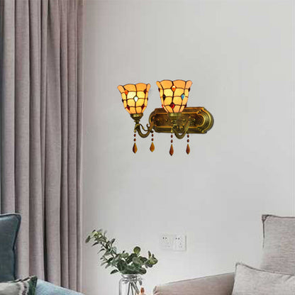 Rynx | Art Glass Bowl Wall Lamp with Agate 2-Bulb Tiffany Vintage Wall Lamp in Beige/Brown/Blue/Blue-White for Dining Room