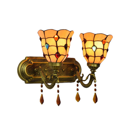 Rynx | Art Glass Bowl Wall Lamp with Agate 2-Bulb Tiffany Vintage Wall Lamp in Beige/Brown/Blue/Blue-White for Dining Room