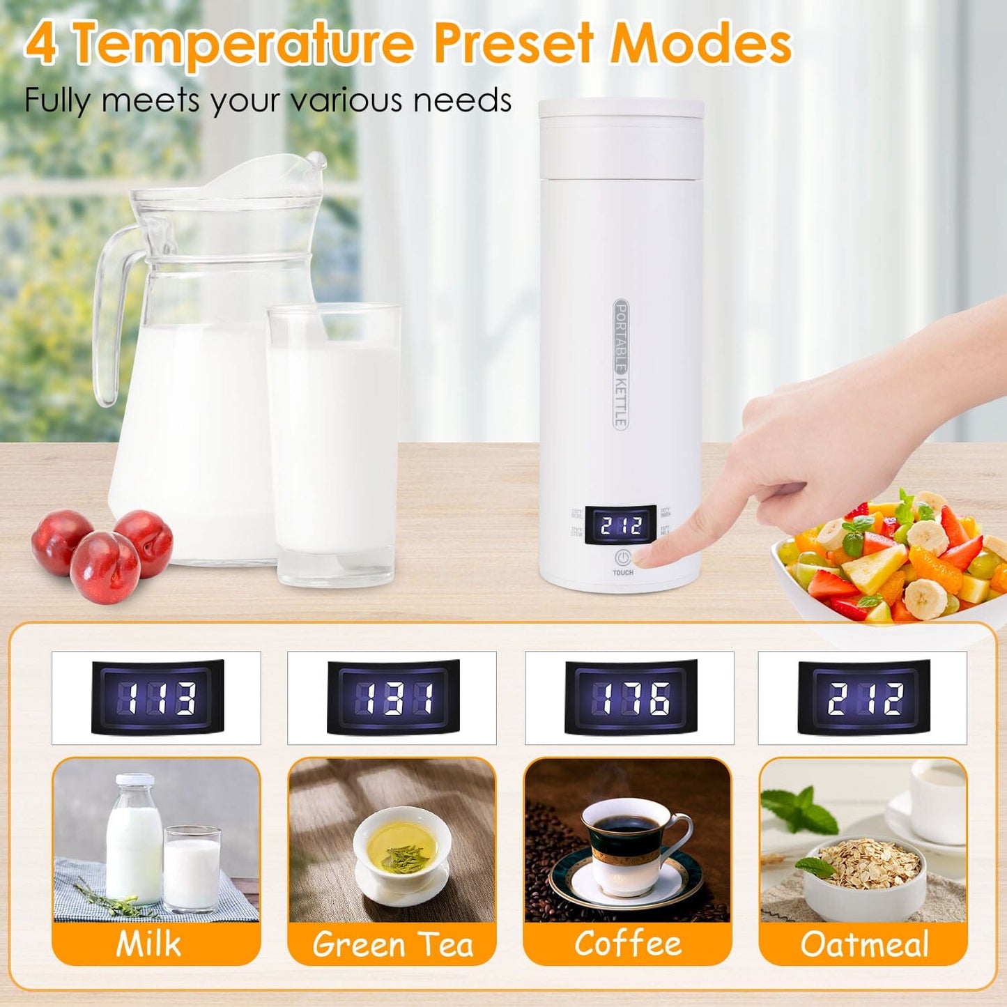 Rynx | 17Oz Stainless Steel Travel Electric Kettle with 4 Temperature Setting Modes