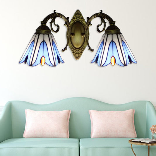 Rynx | Floral Wall Lamp Tiffany Style Stained Glass 2-Light Wall Light in Blue for Hallway