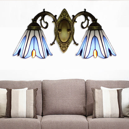 Rynx | Floral Wall Lamp Tiffany Style Stained Glass 2-Light Wall Light in Blue for Hallway