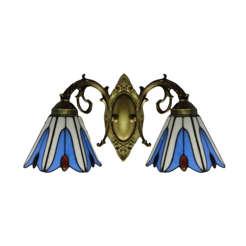 Rynx | Floral Wall Lamp Tiffany Style Stained Glass 2-Light Wall Light in Blue for Hallway