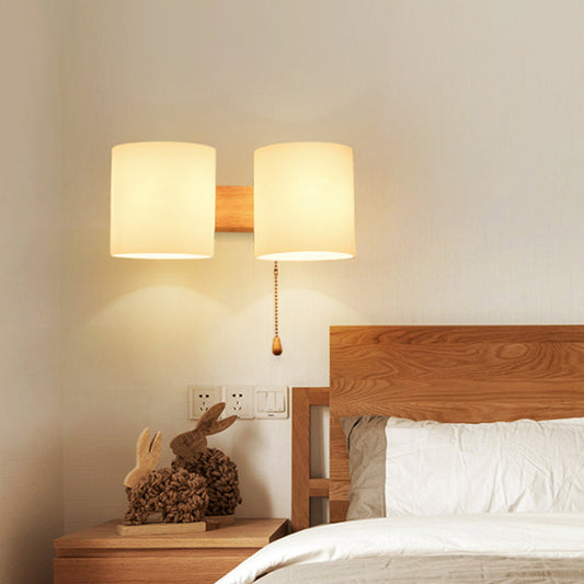Rynx | Opalines Glass Cylinder Wall Mount Lamp Modern 2 Lights Beige Wall Lighting Ideas with Pull Chain