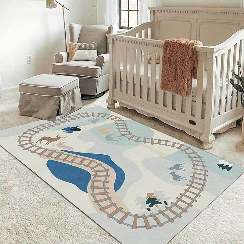 Rynx | Blue Rail Pattern Carpet with Animals Polyester Kids Carpet Pet Friendly Washable Non-Slip Carpet for the Bedroom