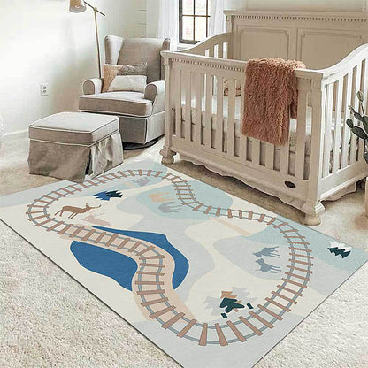 Rynx | Blue Rail Pattern Carpet with Animals Polyester Kids Carpet Pet Friendly Washable Non-Slip Carpet for the Bedroom