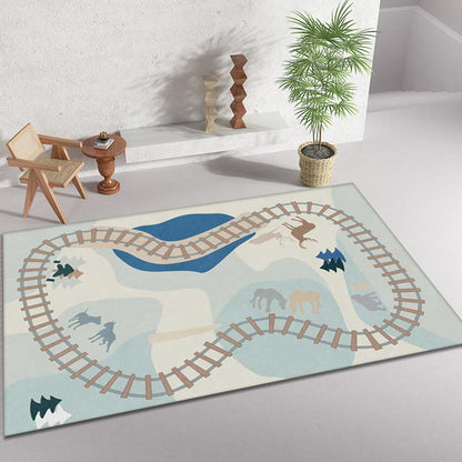Rynx | Blue Rail Pattern Carpet with Animals Polyester Kids Carpet Pet Friendly Washable Non-Slip Carpet for the Bedroom