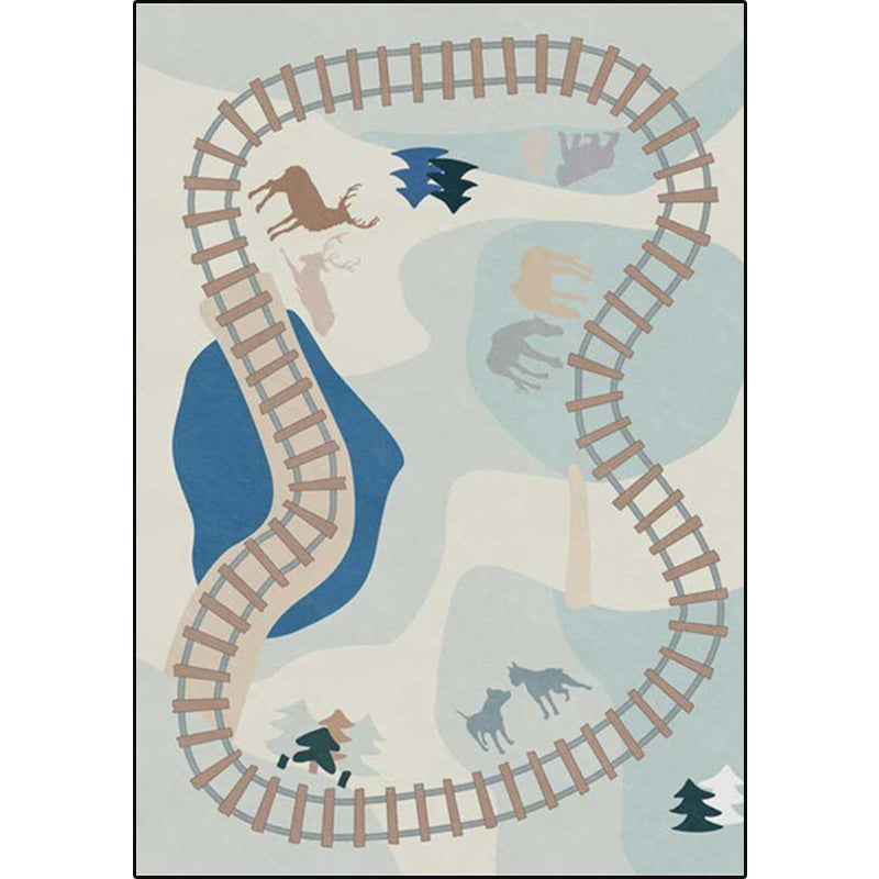 Rynx | Blue Rail Pattern Carpet with Animals Polyester Kids Carpet Pet Friendly Washable Non-Slip Carpet for the Bedroom
