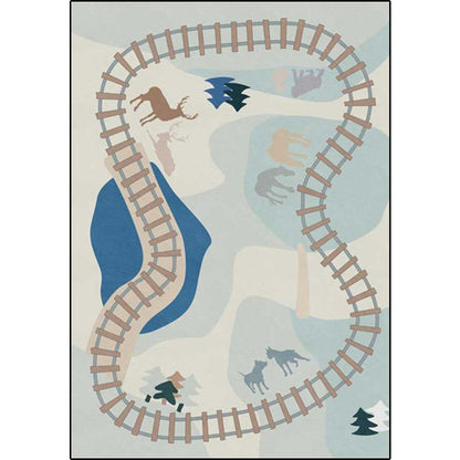 Rynx | Blue Rail Pattern Carpet with Animals Polyester Kids Carpet Pet Friendly Washable Non-Slip Carpet for the Bedroom