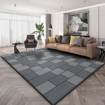Rynx | Grey Living Room Rug Minimalist Geometric and Plaid Pattern Rug Polyester Washable Anti-Slip Backing Pet Friendly Carpet