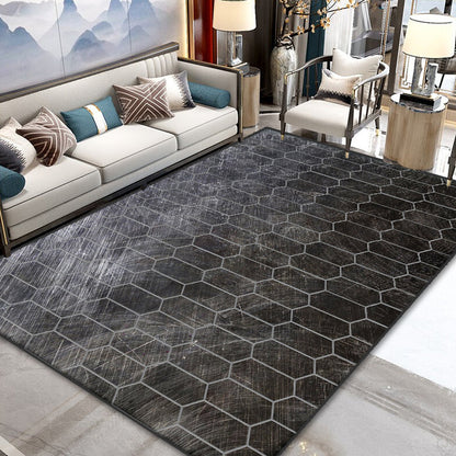 Rynx | Grey Living Room Rug Minimalist Geometric and Plaid Pattern Rug Polyester Washable Anti-Slip Backing Pet Friendly Carpet