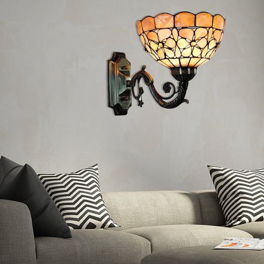 Rynx | 1 Head Wall Lamp Tiffany Bowl Orange Shell Wall Lamp with Curved Arm