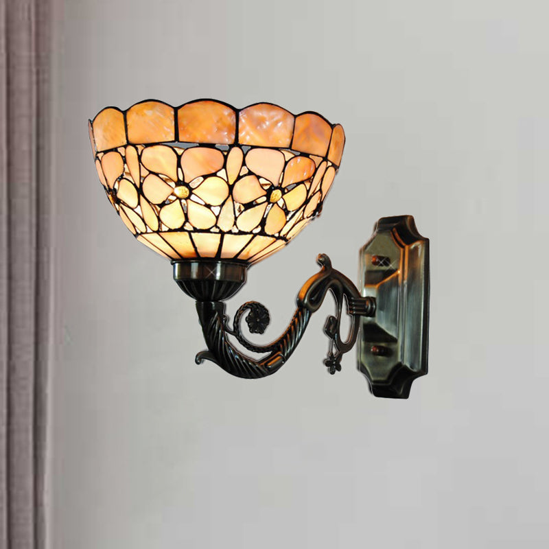 Rynx | 1 Head Wall Lamp Tiffany Bowl Orange Shell Wall Lamp with Curved Arm