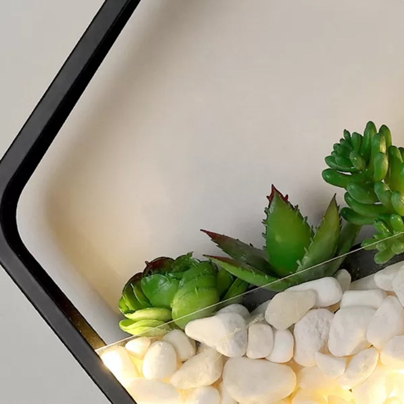 Rynx | Artificial Succulent Plants Wall Lamp Metal Stone Modern Creative Wall Lamp in Black for Bedroom