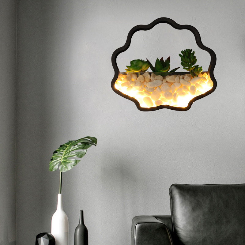 Rynx | Artificial Succulent Plants Wall Lamp Metal Stone Modern Creative Wall Lamp in Black for Bedroom