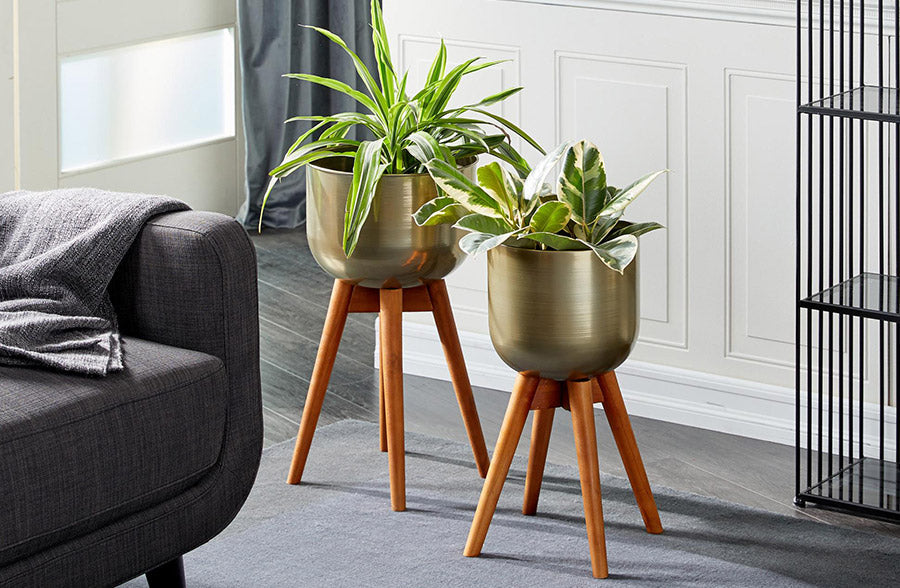 Rynx | Round metal flower pots with stands, set of 2