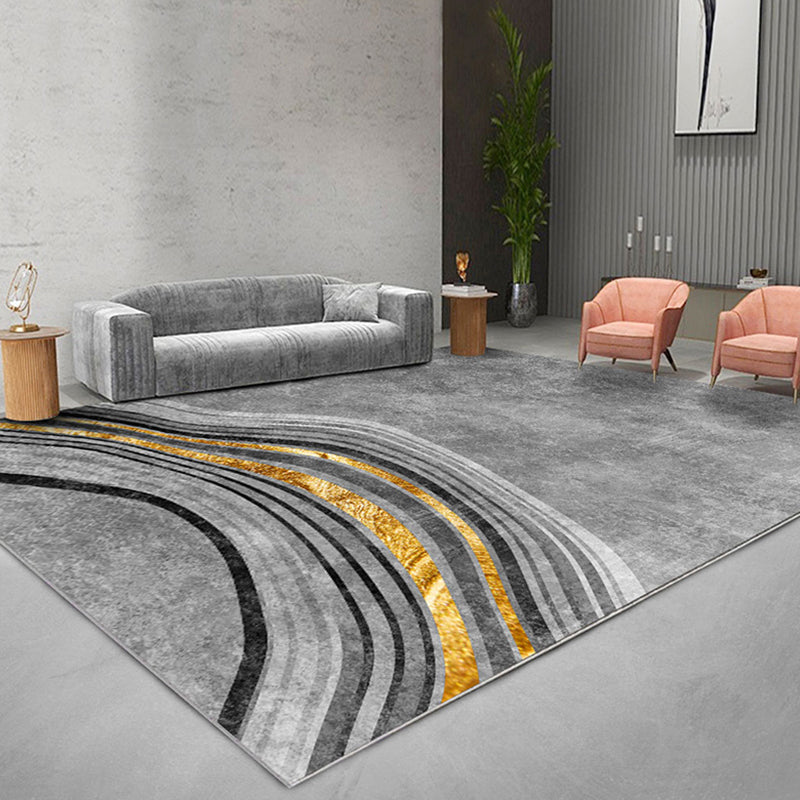 Rynx | Modern Bedroom Rug Grey Abstract Swirl Stripe Pattern Rug Polyester Washable Non-Slip Pet Friendly Carpet