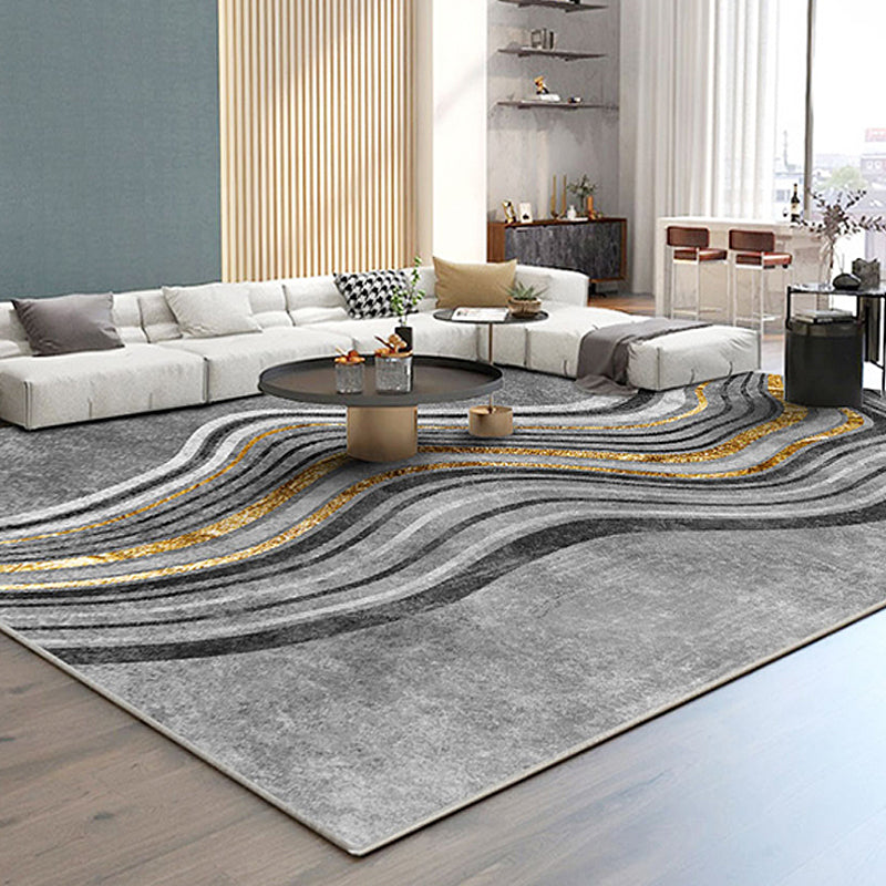 Rynx | Modern Bedroom Rug Grey Abstract Swirl Stripe Pattern Rug Polyester Washable Non-Slip Pet Friendly Carpet