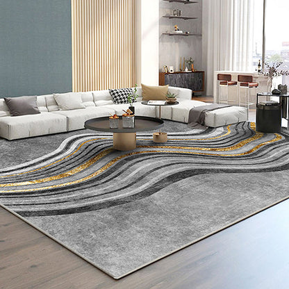 Rynx | Modern Bedroom Rug Grey Abstract Swirl Stripe Pattern Rug Polyester Washable Non-Slip Pet Friendly Carpet