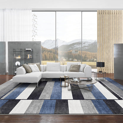 Rynx | Blue Parlor Rug Modernism Striped Pattern Rug Polyester Machine Washable Non-Slip Backing Carpet