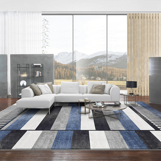 Rynx | Blue Parlor Rug Modernism Striped Pattern Rug Polyester Machine Washable Non-Slip Backing Carpet