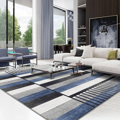 Rynx | Blue Parlor Rug Modernism Striped Pattern Rug Polyester Machine Washable Non-Slip Backing Carpet