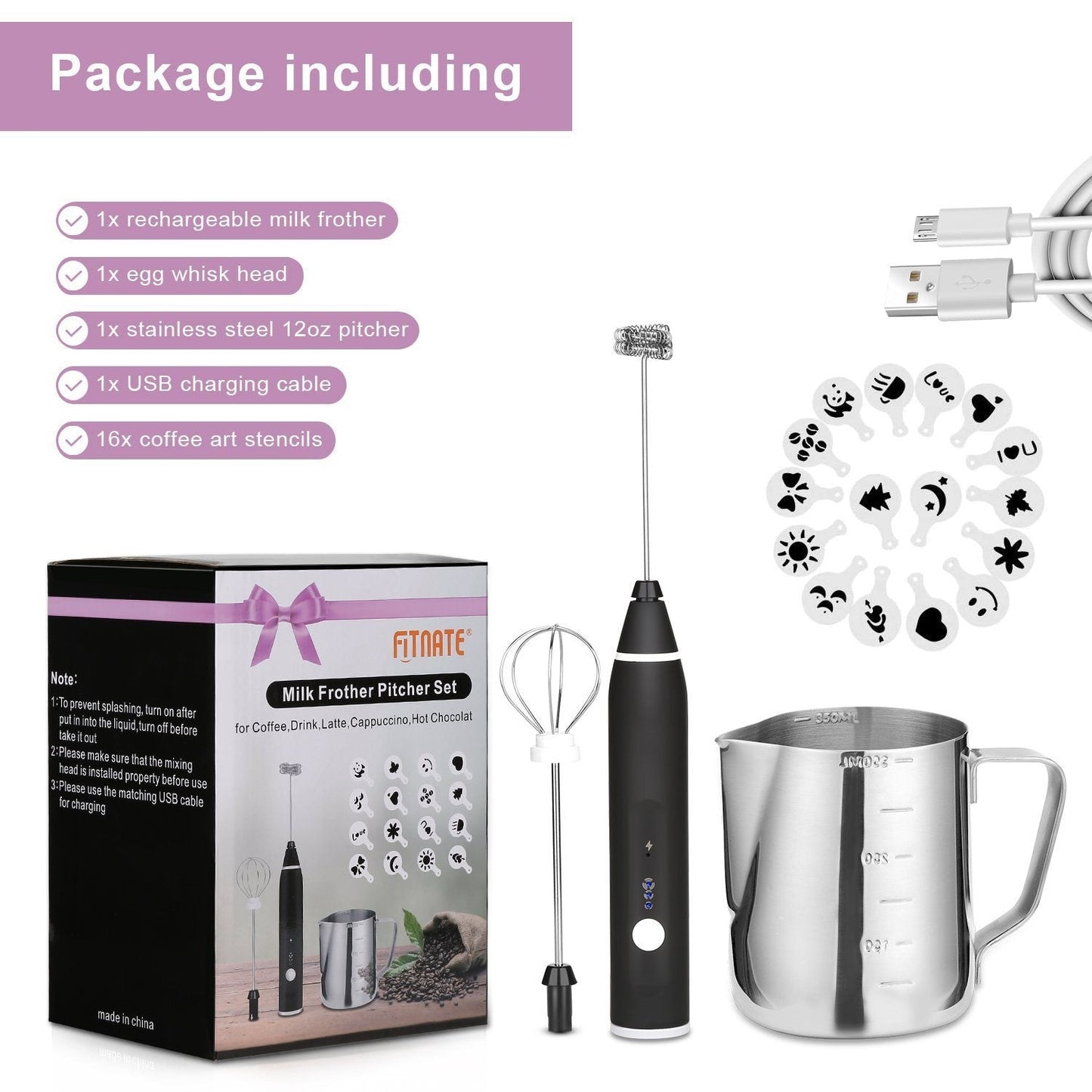 Rynx | 19-Pack: USB Electric Milk Coffee Frother Pitcher Set
