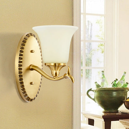 Rynx | Rural Bell Wall Lighting 1/2-Light Cream Glass Wall Lamp with Oval Back Plate in Brass