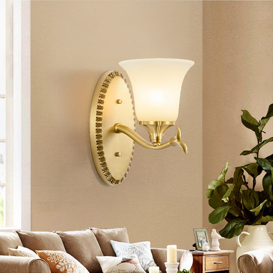 Rynx | Rural Bell Wall Lighting 1/2-Light Cream Glass Wall Lamp with Oval Back Plate in Brass