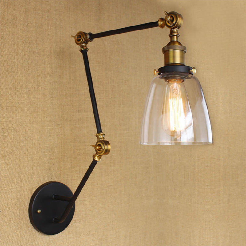 Rynx | Adjustable 3-Joint Arm Iron Wall Lamp Industry 1 Head Bedroom Wall Reading Light with Globe/Saucer Clear Glass Shade