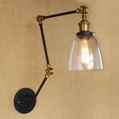 Rynx | Adjustable 3-Joint Arm Iron Wall Lamp Industry 1 Head Bedroom Wall Reading Light with Globe/Saucer Clear Glass Shade