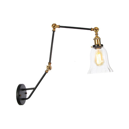 Rynx | Adjustable 3-Joint Arm Iron Wall Lamp Industry 1 Head Bedroom Wall Reading Light with Globe/Saucer Clear Glass Shade