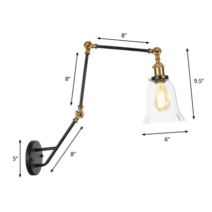 Rynx | Adjustable 3-Joint Arm Iron Wall Lamp Industry 1 Head Bedroom Wall Reading Light with Globe/Saucer Clear Glass Shade