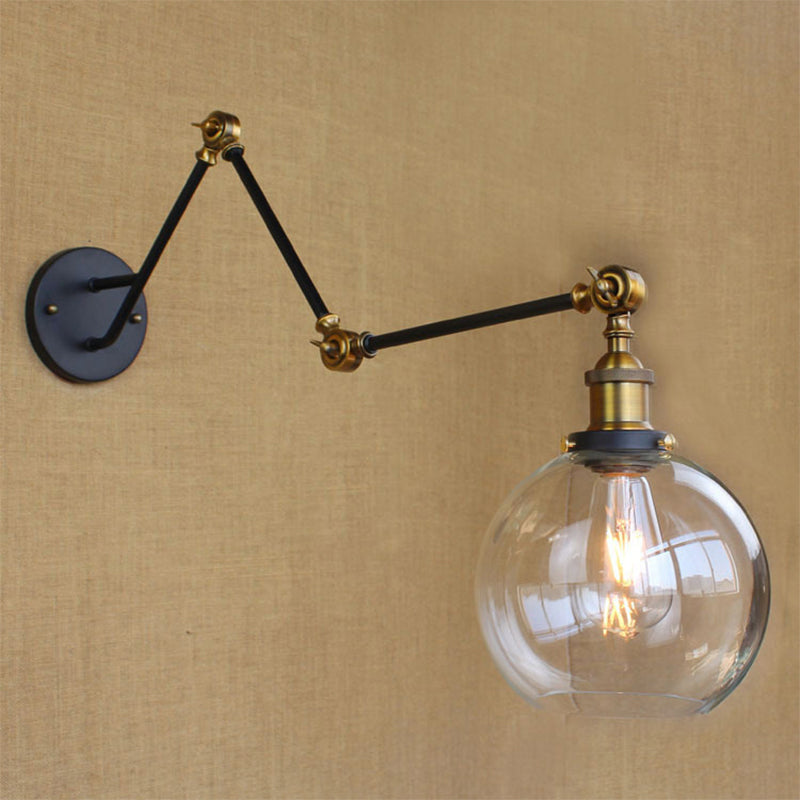 Rynx | Adjustable 3-Joint Arm Iron Wall Lamp Industry 1 Head Bedroom Wall Reading Light with Globe/Saucer Clear Glass Shade