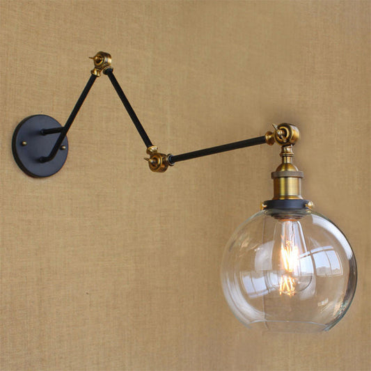 Rynx | Adjustable 3-Joint Arm Iron Wall Lamp Industry 1 Head Bedroom Wall Reading Light with Globe/Saucer Clear Glass Shade